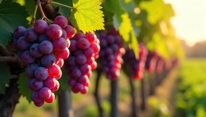 Fototapeta premium Sun-Drenched Grapes Ready for Harvest A Picturesque Scene of Rural Winemaking, Showcasing Abundant Bunches Hanging Heavy on the Vine, Poised for Transformation into Homemade Wine.