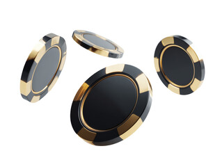 Four luxurious black and gold casino chips floating in the air isolated on transparent background