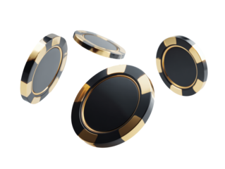 Four luxurious black and gold casino chips floating in the air isolated on transparent background