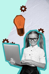 Vertical zine art pop trend collage of happy preteen schoolgirl hold laptop light bulb ai prompt...