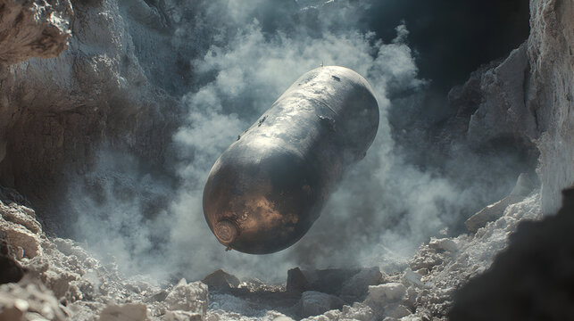 un misil o bomba antigua cayendo sobre la tierra a punto de explotar en la guerra proyectil explosivo de las fuerzas armadas 