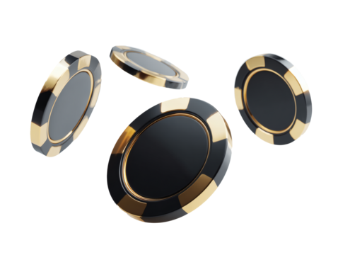 Four luxurious black and gold casino chips floating in the air isolated on transparent background