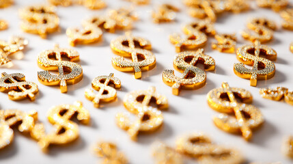 Sparkling gold dollar sign jewelry pieces arranged on a white surface