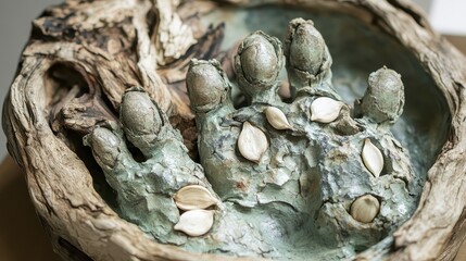Unique Sculpture of Animal Paw Print with Natural Wood Elements