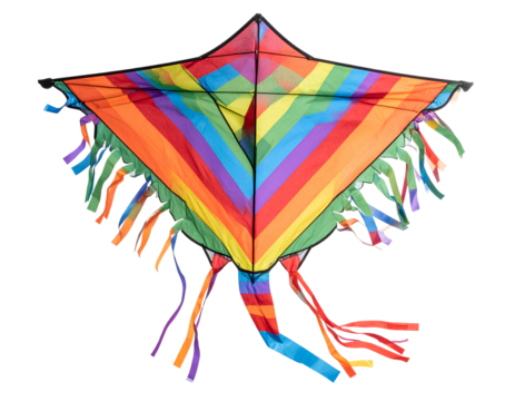 A vibrant rainbow-colored kite with flowing streamers ready for a playful flight