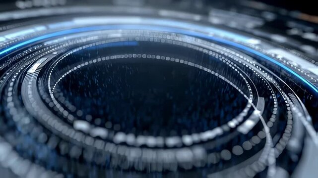 Futuristic head up display - hud - interface featuring rotating concentric circles, digital data streams, random code, and glowing blue light trails, embodying advanced technology and data processing - Powered by Adobe