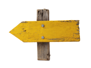 Rustic yellow wooden arrow signpost pointing left isolated on transparent background