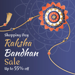 Circular Rakhi design in deep blue background. Shopping Day Raksha Bandhan Sale Up to 55% off. Vector Illustration. Rakhi Sale Poster for social media post and ads. 55% off.