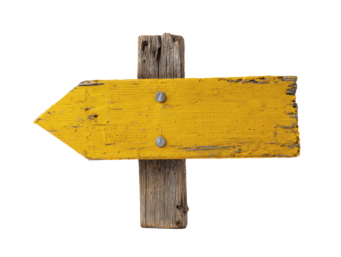 Rustic yellow wooden arrow signpost pointing left isolated on transparent background