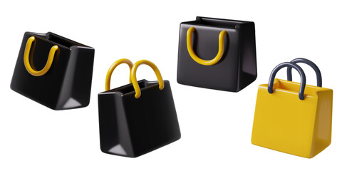 Shopping bags black and yellow 3d realistic vector icons set. Customer paper handbags illustrations isolated on white background. 