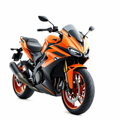 A vibrant orange and black sport motorcycle with sleek design isolated against a white background studio shot