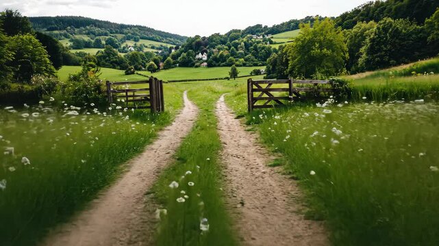 Walk along a scenic dirt path split by a wooden gate, framed by lush grass and wildflowers, revealing a beautiful rural landscape