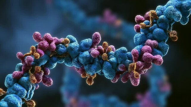 Microscopic view of rna molecules forming a double helix structure, showcasing the complex arrangement of nucleotides and genetic information within biological systems