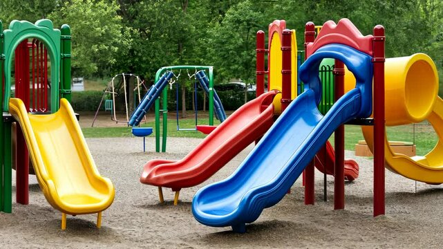 Kids can enjoy playing on vibrant slides and climbing frames in a safe and lively park environment, perfect for outdoor fun