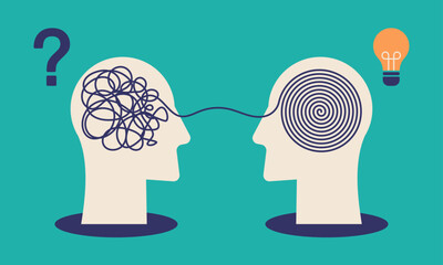 Human heads with tangled chaos disorder turns into order. Mental Health Awareness month. Psychologist, coach, mentor finding solution for problem. Vector illustration
