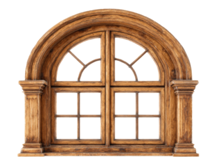 Elegant antique wooden arched window with divided panes and decorative columns isolated on transparent background