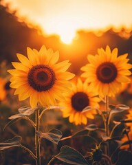 Obraz premium Vibrant sunflowers basking in the warm glow of sunset light