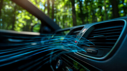 Modern car interior with digital airflow visualization on dashboard