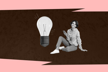 Sketch pop image sketch full collage of happy businessman businesswoman stand light bulb idea finding illumination power