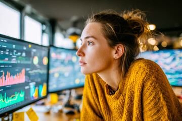 Female data analyst focusing on multiple digital screens displaying financial charts