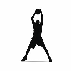 Silhouette of a basketball player preparing to shoot with arms raised above head against white background