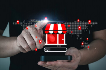 Online Shopping. customer buy product on smartphone, food delivery, payment online, digital marketing, business finance, shopping online platform, internet network technology concept
