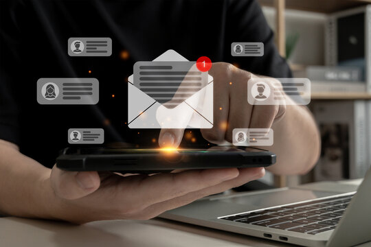 New Email Notification. business man send mail message on mobile smartphone, chat message, cyber security, mail Box, digital marketing, business finance, internet network technology concept