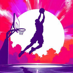 Silhouette of basketball player dunking with pink and purple background and large white circle behind
