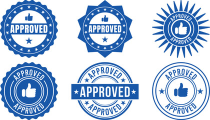 Obraz premium Six blue approved stamps with thumbs up icons showcase quality assurance and validation isolated on transparent background