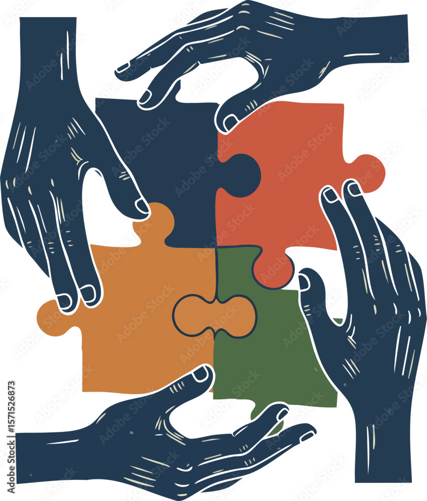 Poster hands assembling multicolored puzzle pieces symbolizing teamwork and collaboration vector illustrati