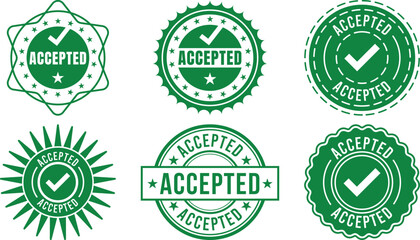 Green accepted stamp icons show approval with check marks and starburst designs isolated on transparent background