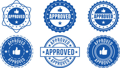 Approved stamp vector set features blue badges with thumbs up and star elements isolated on transparent background