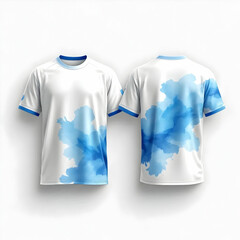 Two white t shirts with blue watercolor design on front and back isolated on a white background