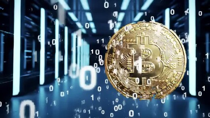 Golden bitcoin cryptocurrency coin floating in digital binary code environment. Blockchain technology concept with glowing data streams, electronic financial innovation, virtual currency trading - Powered by Adobe