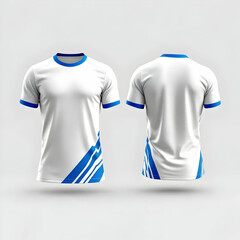 Front and back view of a white t shirt with blue accents on a light gray background studio shot