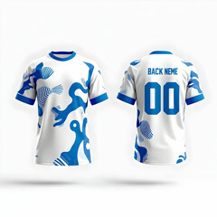 Front and back view of a white jersey with blue abstract designs and back name and number displayed