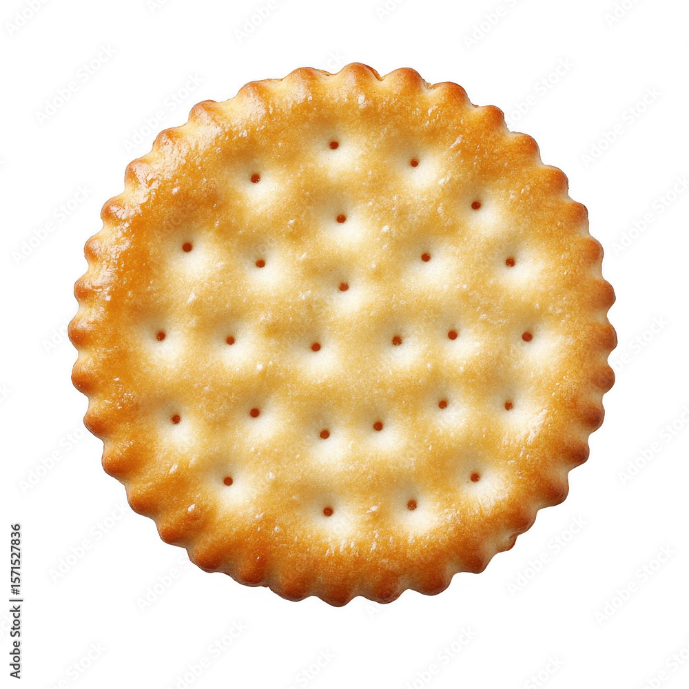 Poster a golden baked round cracker with a scalloped edge and many small holes isolated on transparent back