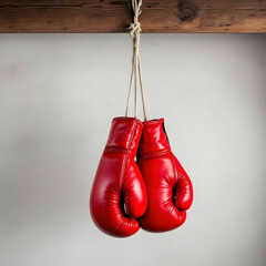 A pair of red boxing gloves hanging from a wooden beam against a white wall in a close up still life