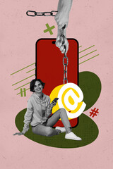 Sketch poster contemporary photo collage of puzzled guy girl stand metal chain trap phone screen...