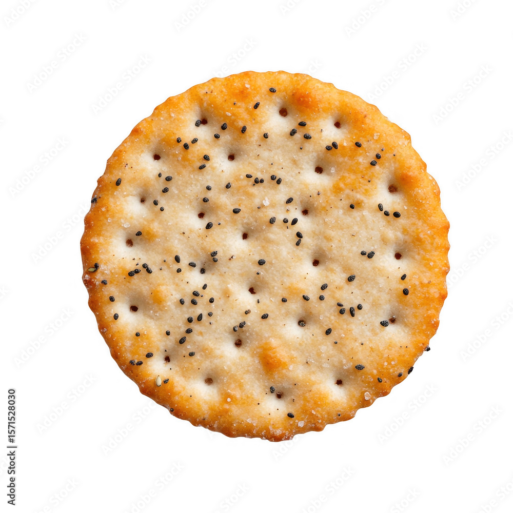 Poster a single round cracker with visible salt crystals and poppy seeds scattered across its surface isola