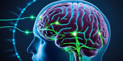 Glowing Brain Inside Blue Head Silhouette Connected by Green Neural Pathways

