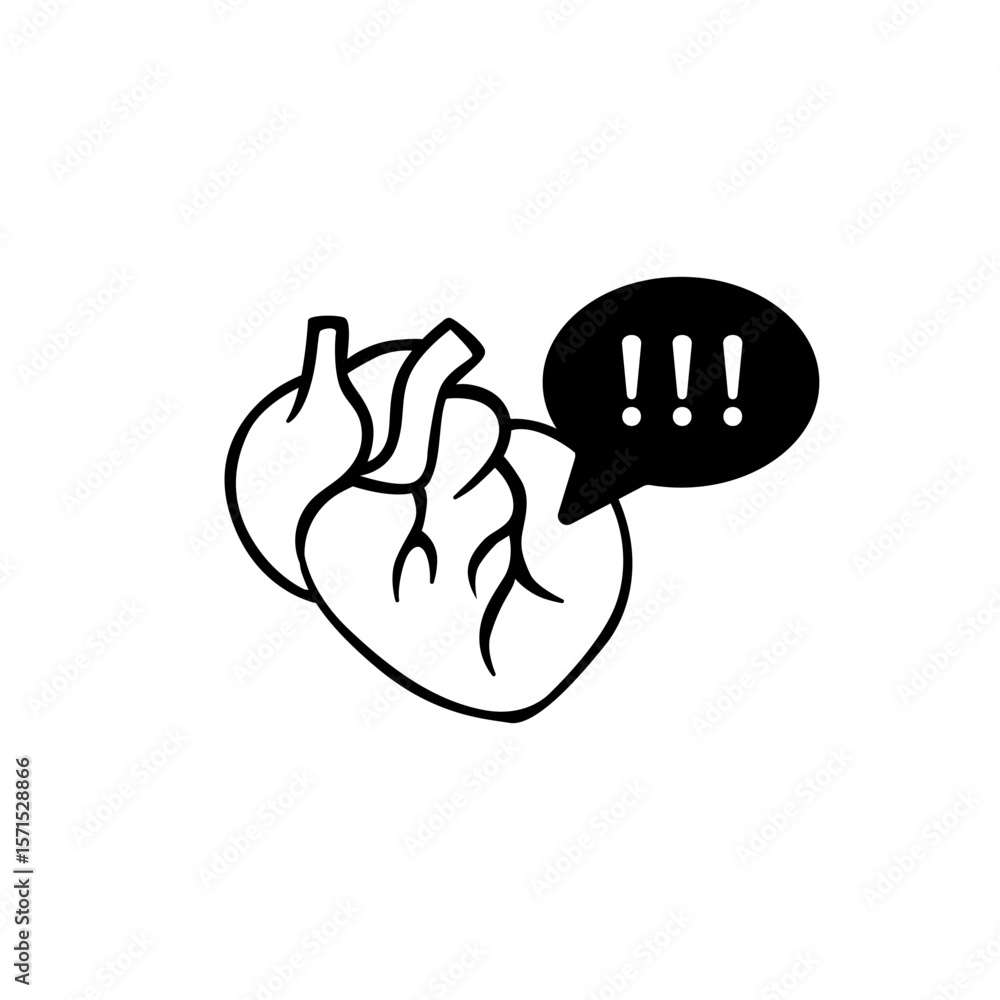 Poster heart with bold speech bubble expressive design showing urgency and alarm in black and white.