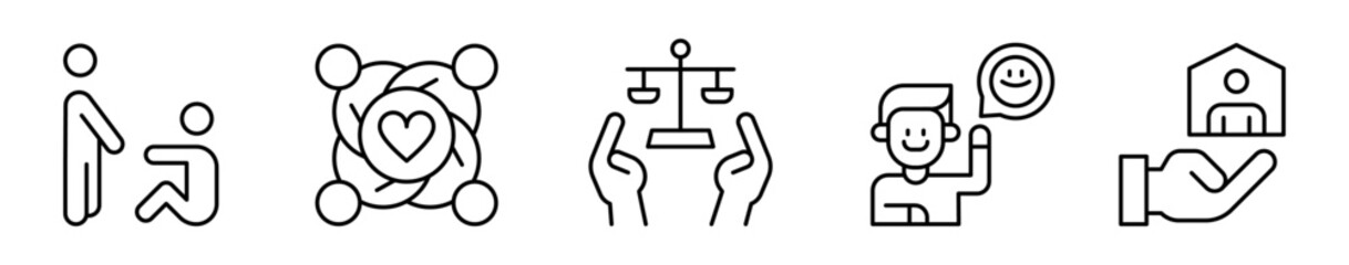 Conjunto de iconos de valores sociales. Apoyo entre personas. Ayuda solidaria, unión, justicia, actitud positiva y protección. Ilustración vectorial