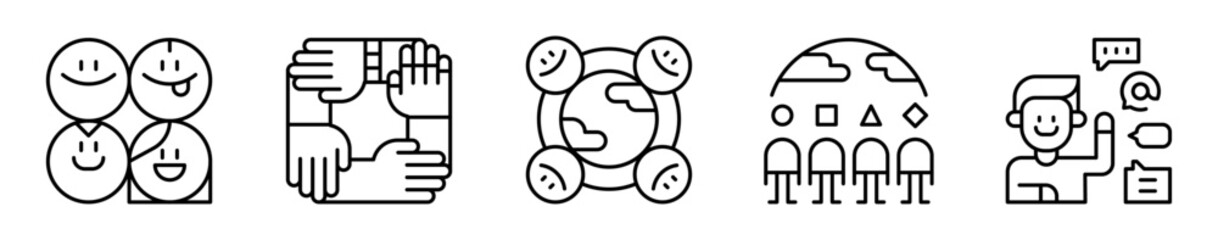 Conjunto de iconos de diversidad cultural. Distintas culturas, idiomas y orígenes. Rostros diversos, manos unidas, comunidad global, integración cultural y comunicación 