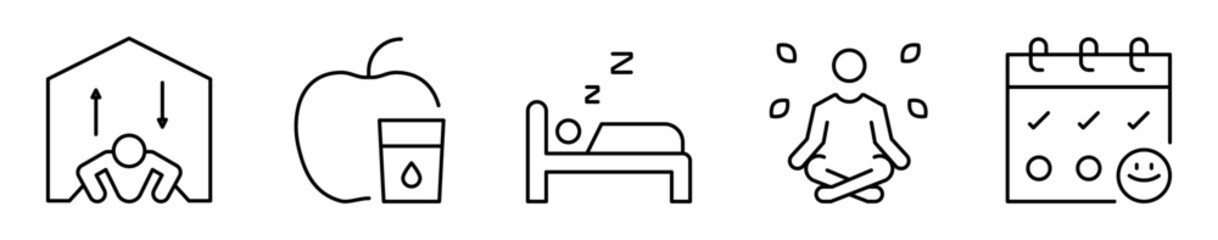 Conjunto de iconos de hábitos saludables en casa. Prácticas de bienestar físico y mental. Ejercicio físico, alimentación sana, dormir bien, meditación y organización 