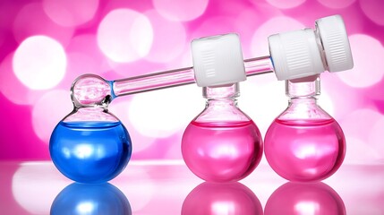 Vibrant laboratory glassware array with blue and pink liquids for research