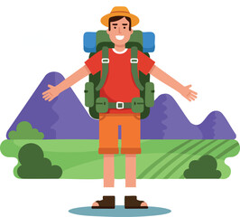 Male backpacker enjoying outdoor hiking adventure with mountains in background vector illustration 