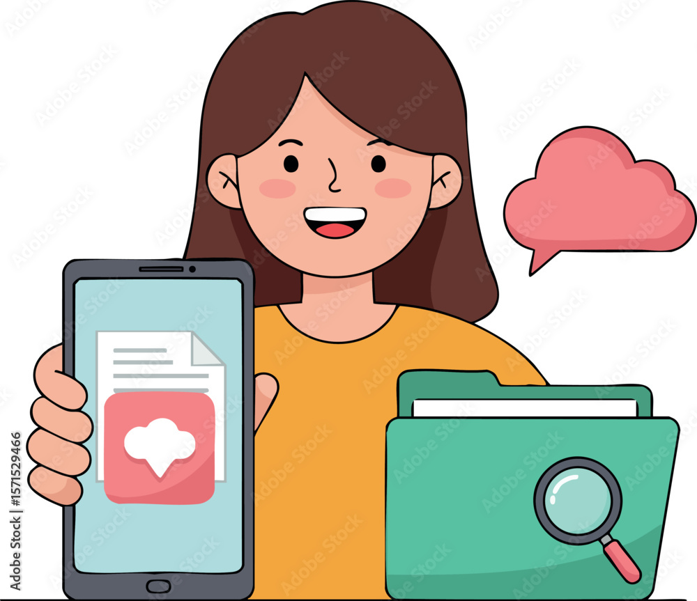 Poster woman holding smartphone with cloud data file and folder with magnifying glass vector illustration