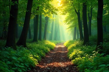Fototapeta premium Sun-Dappled Forest Path A Magical Journey Through Lush Green Foliage, Perfect for Nature, Travel, and Adventure Photography