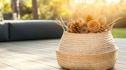 Decorative Basket with Pinecones and Natural Elements in Sunlight